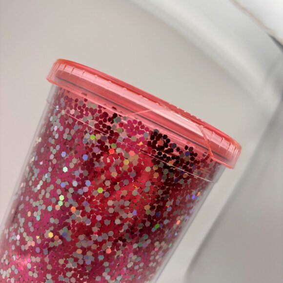 Dunkin Donuts I Love Dunkin Heart Glitter Coffee Cup Missing Straw Pink 24 oz - Picture 9 of 16